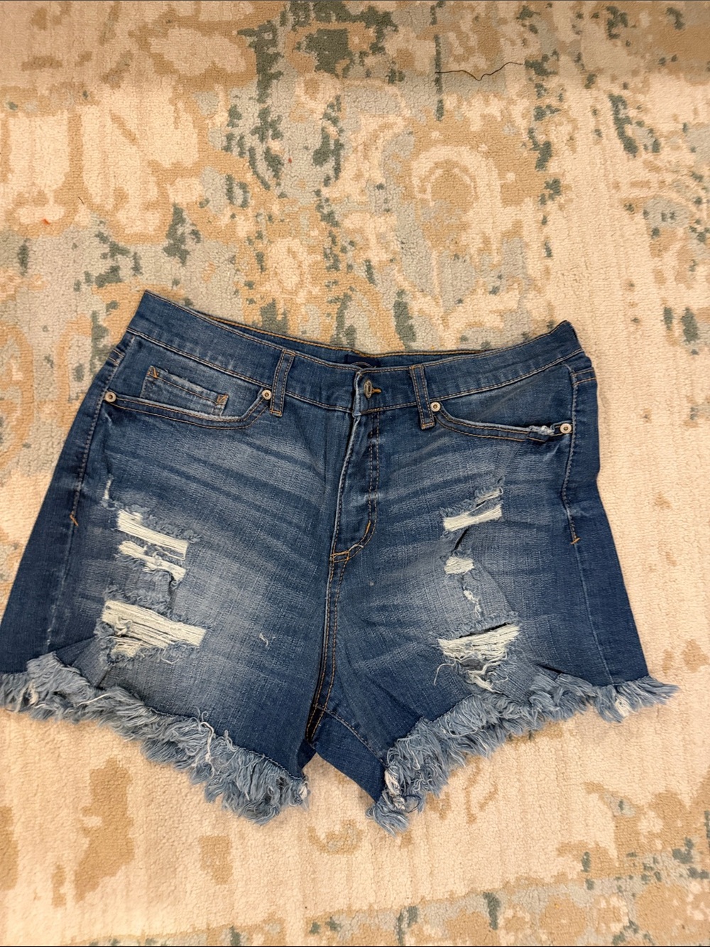 Distressed Frayed Hem Denim Shorts - Blue